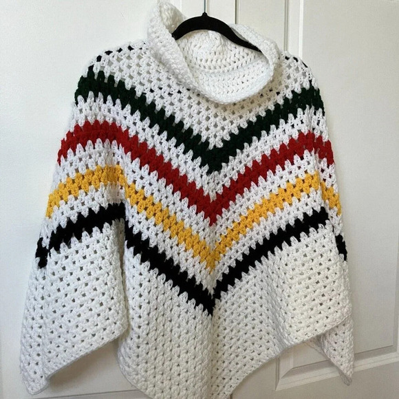 Handmade Crochet White Stripe Turtleneck Poncho Cape - Picture 2 of 4